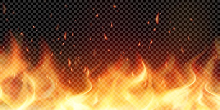 Vector realistic flame with ember particles and fume on transparent background
