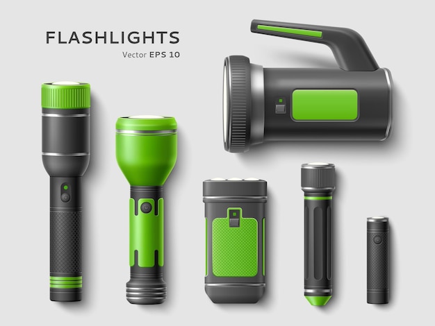 Realistic flashlights Tourist hand lights with battery different types travel equipment elements green and black colors electrical camping objects 3d isolated torch lamps vector set