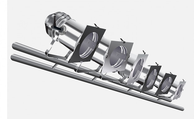 Реалистичные прожекторы, прожекторы, студийное освещение. Несколько студийных прожекторов подряд для вашего дизайна. Изолированные на белом фоне