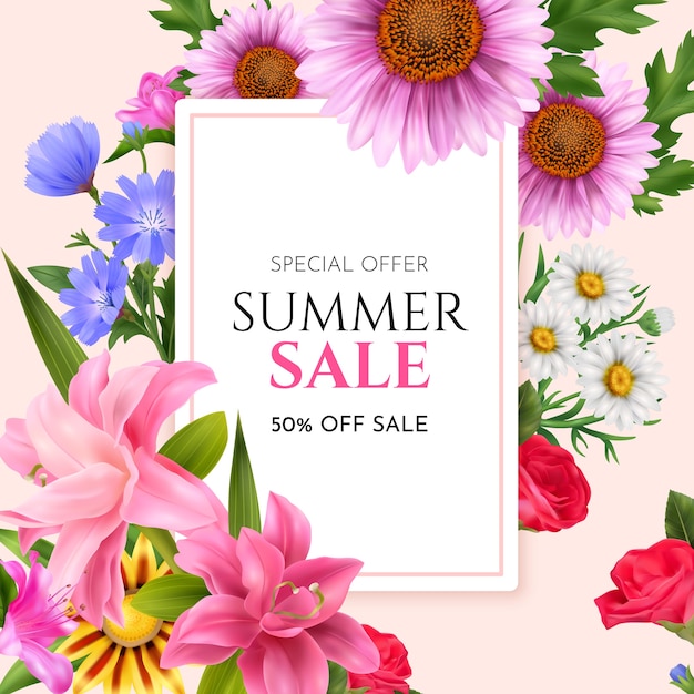 Вектор Реалистичная цветочная рекламная композиция для летней продажи с красочными цветочными цветами