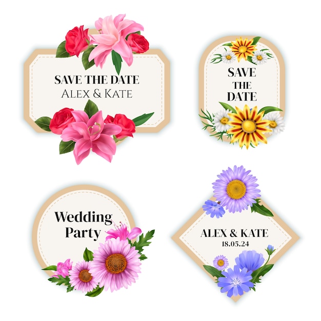 Vector realistic floral labels collection for wedding with colorful blossom flowers