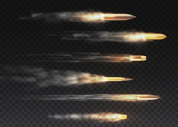 Vector realistic flying bullet in motion. gunshots, bullet in motion, military smoke trails. smoke traces isolated on transparent background. handgun shoot trails.