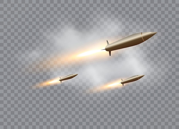 Realistic flying rockets in motion with the fiery trace Vector illustration