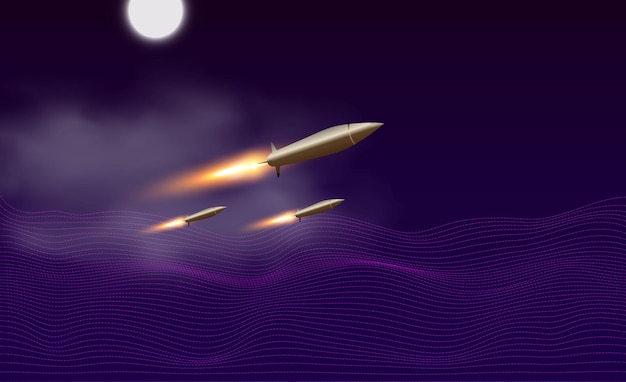 Realistic flying rockets in motion with the fiery trace Vector illustration