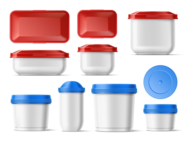 Vector realistic food containers white plastic product boxes with color caps home storage packaging mockup clear jars and pots round and square shapes vector isolated reusable packages set