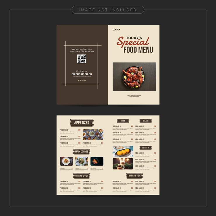 Vector realistic food menu and restaurant bifold brochure template