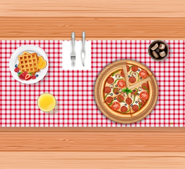 Realistic food menu with pizza and waffle on wooden table