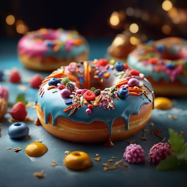 Vector realistic food photograph featuring colorful decorated donuts