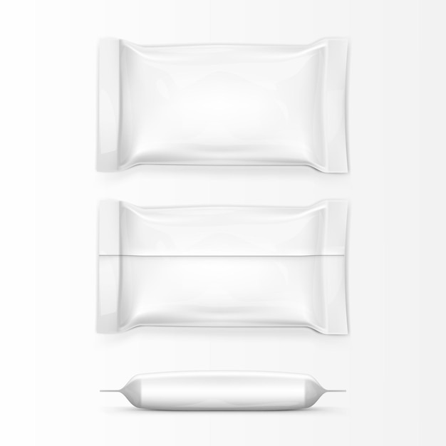 Realistic Food Snack Pillow Bags Front Back And Side View