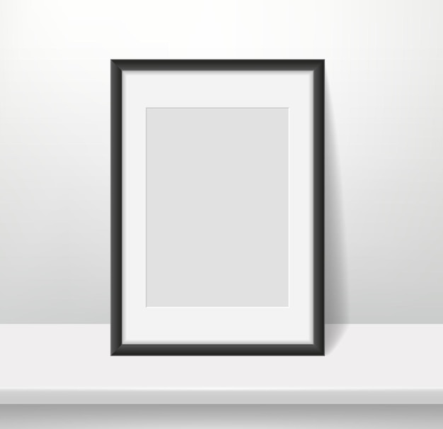 Realistic frame on wall background. Blank framed picture or poster mockup, dark plastic border with paspartu, vertical a4 photo format, interior design simple decorative accessory, vector concept