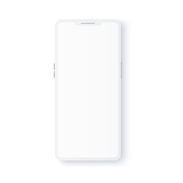 벡터 현실적인 프레임리스 스마트 폰 흰색 모형. 빈 현대 전화 템플릿입니다. 터치 스크린이있는 모바일 가제트. 멀티미디어 용 빈 화면 디지털 장치.