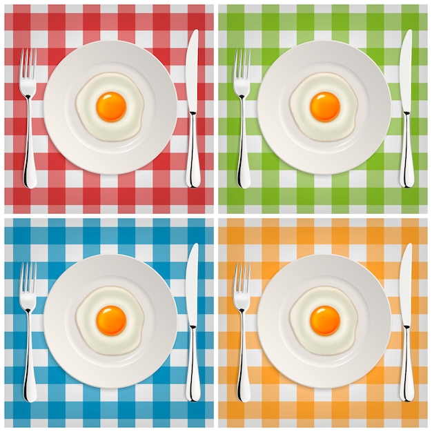 Vettore icona realistica dell'uovo fritto su un piatto con la forchetta e il coltello. modello.