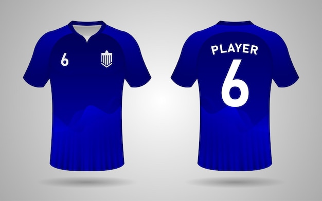 Realistic front and back football jersey design template in dark blue color