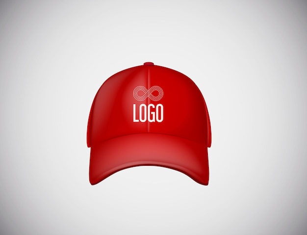 Realistic front view red baseball cap with text logo for advertising isolated on white background vector illustration