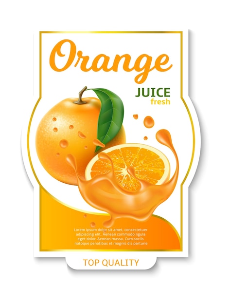 Vector realistic fruit label orange juice sticker design fresh beverage package badge whole and half tropical citrus liquid splash natural vegetarian drink promotion vector packaging tag