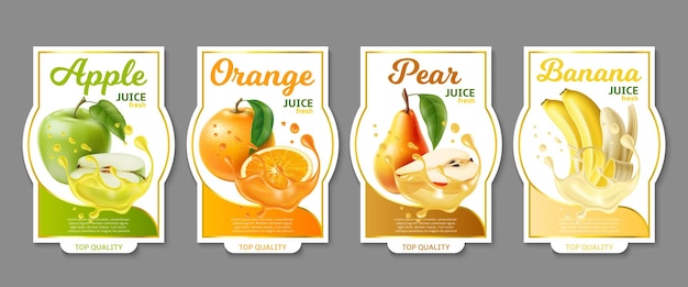 Vector realistic fruit labels different juices stickers fresh drinks brand emblems packaging tags with apple and orange liquid splashes pear and banana vector beverage package badges set