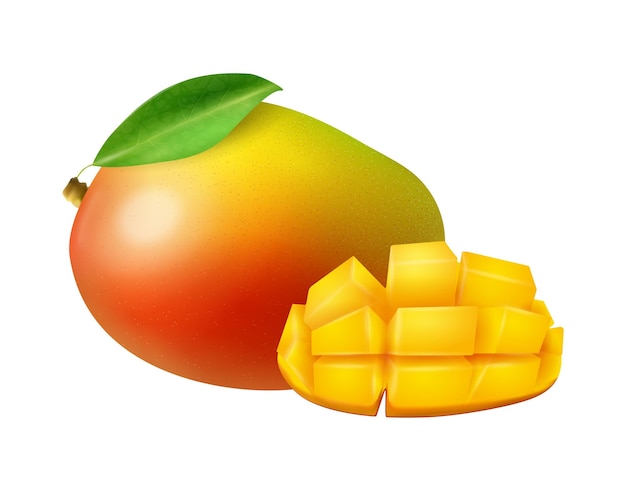 Vettore composizione di frutti realistici con immagini di mango intero e affettato su sfondo bianco illustrazione vettoriale