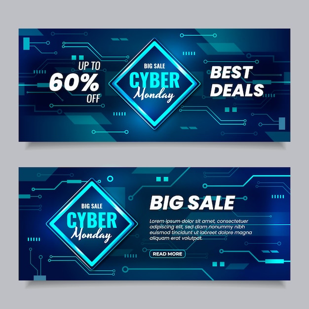 Vector realistic futuristic cyber monday horizontal banners set