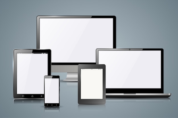 Realistic gadget icon: smartphone, tablet, bookreader, ebook, monitor, PC, notebook.