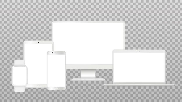 Вектор Реалистичный макет гаджетов. экран телевизора, ноутбук смартфон изолированные шаблоны. набор векторных белые современные устройства. экран ноутбука, ноутбука и телефона тачпад иллюстрации