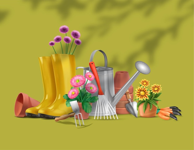 Realistic garden composition with silhouettes of tree branches and images of gardening equipment boots and flowers illustration