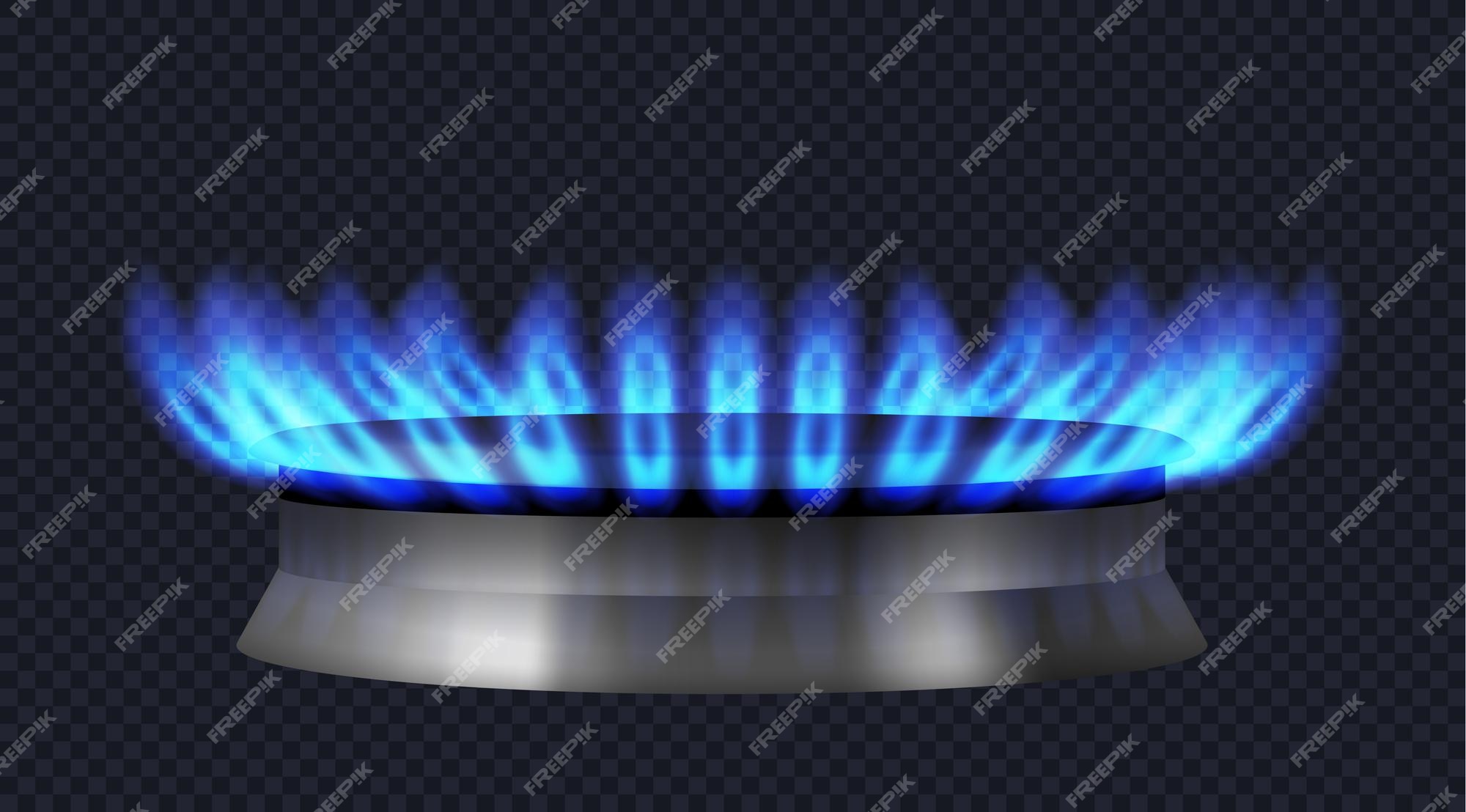 어두운 투명 배경에 푸른 불꽃이 있는 현실적인 가스 버너. 음식 요리를 위한 현대 가스 스토브 또는 오븐의 버너. 3d 벡터 일러스트  레이 션 | 프리미엄 벡터