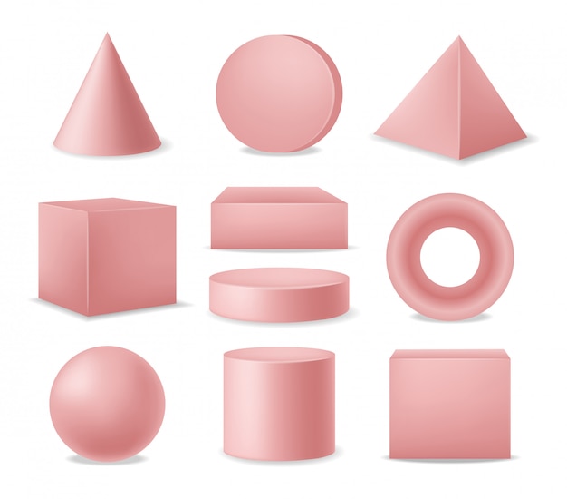 Vettore insieme di elementi geometrici realistici 3d, forme isolate, rosa