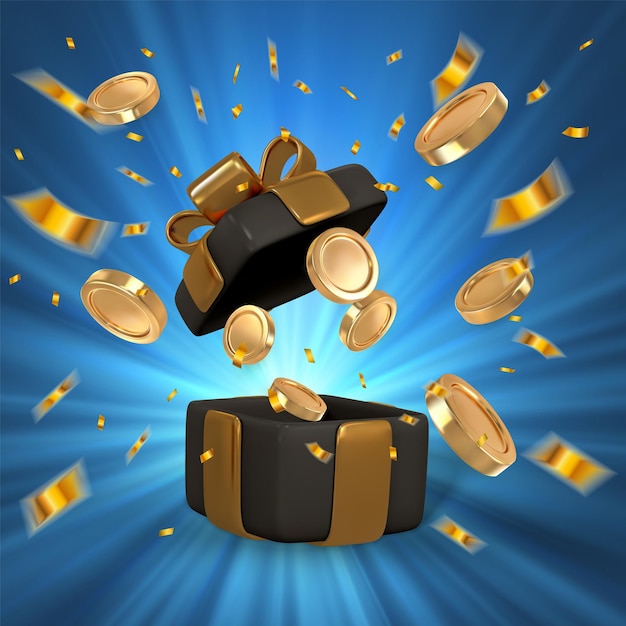 realistic gift box with gold ribbon coin and confetti vector illustration