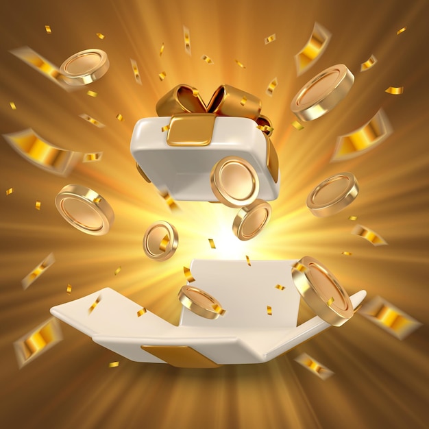 realistic gift box with gold ribbon coin and confetti vector illustration