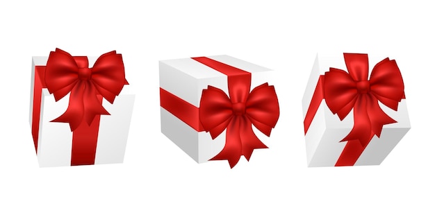 Realistic gift box with red satin bow Cube shaped gift box tied with red wrapping ribbon