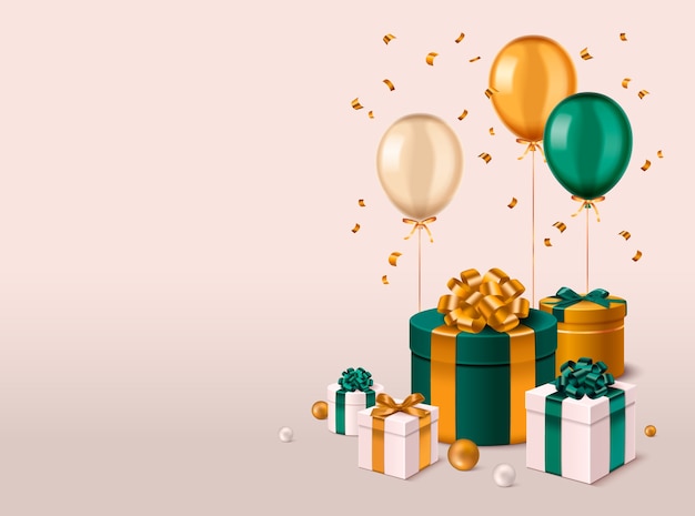 Realistic gift composition background with gift boxes and balloons and blank space