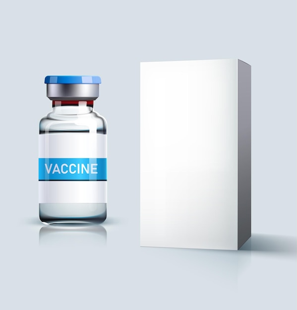 Vettore fiala di vetro realistica con vaccino e scatola bianca isolata su sfondo grigio