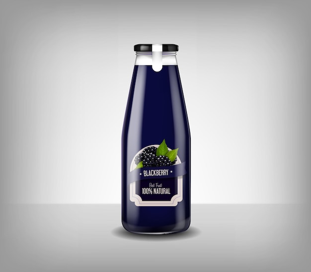 Realistic glass bottle of blueberry juice drink isolated