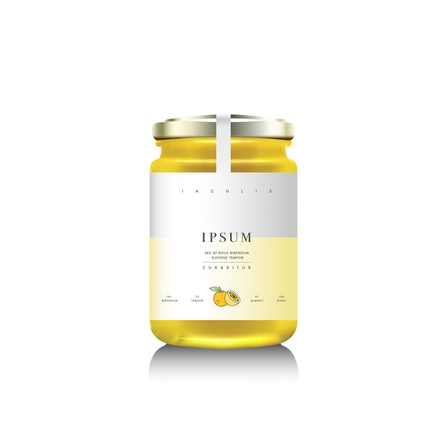 Вектор Реалистичная упаковка из стеклянной бутылки для дизайна фруктового джема. лимонный джем с дизайн этикетки, типография, линия лимона или цитрусовых значок.