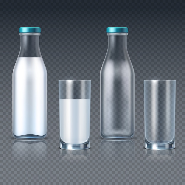 Вектор Реалистичные стеклянные бутылки и стаканы с молоком шаблоны изолированы. пейте молочную тару, свежие и молочные напитки на завтрак