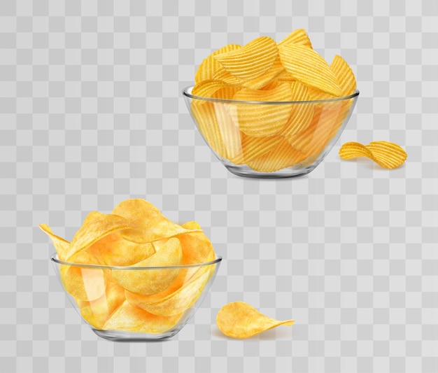Realistic glass bowl with crispy potato chips 3d vector crunchy wavy snack pieces in transparent dishes isolated elements for advertising Delicious food ripple crisp meal pile in cups