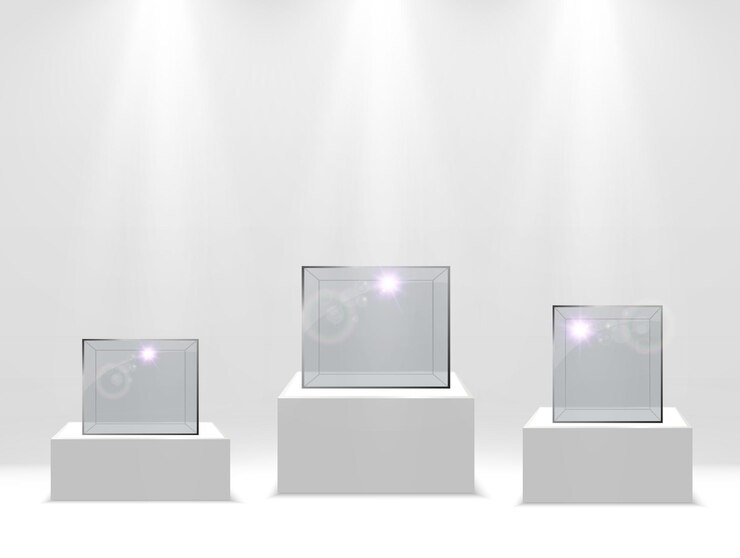 Vector realistic glass box or container on a white stand .vector illustration.