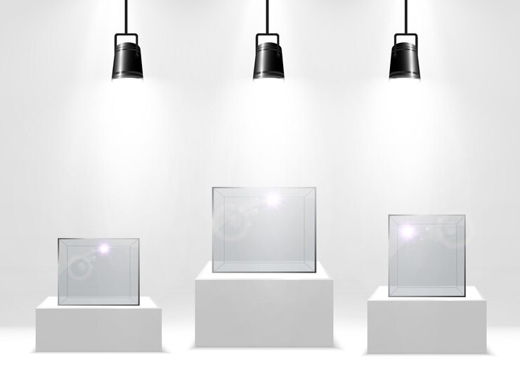 Vector realistic glass box or container on a white stand vector illustration