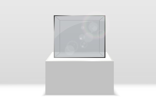 現実的なガラスの箱または白いスタンドのコンテナー