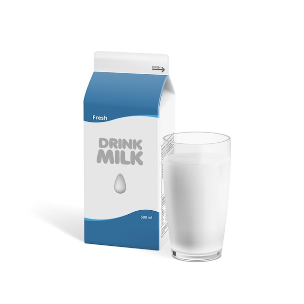 Vector realistic glass of cow milk with milk pack