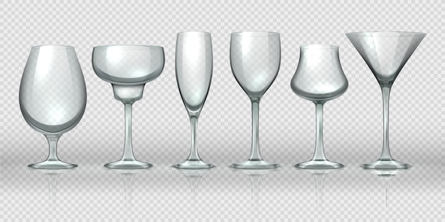 realistic glass cups. empty transparent champagne cocktail wine glasses and goblets. realistic 3d crystal glassware design templates for alcohol cocktail whiskey beer and water
