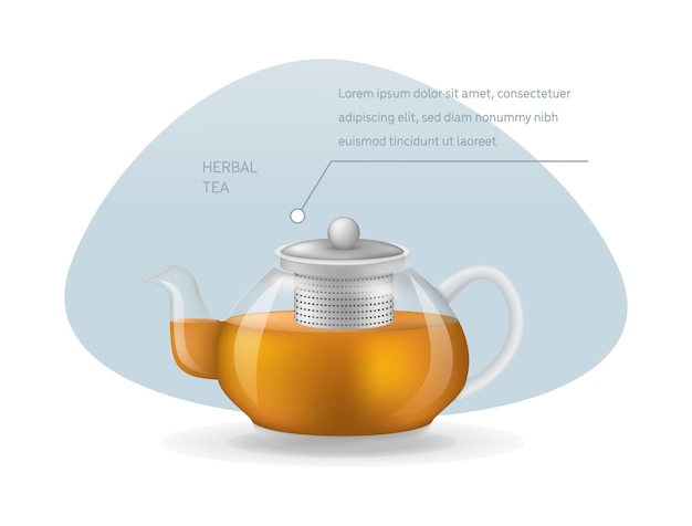 Realistic glass custard transparent teapot with hot fresh black tea infographic on light backgroun