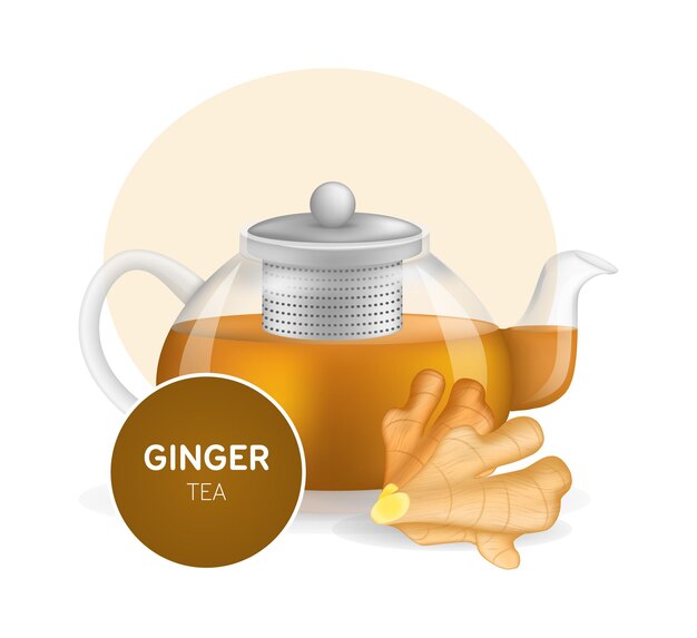 Vector realistic glass custard transparent teapot with hot fresh ginger tea and ginger root