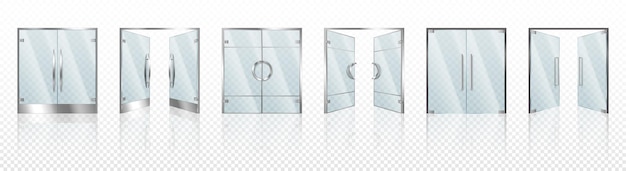 Vector realistic glass door. entrance modern glass doors, office or shop mall steel frame close and open exit doorway isolated on transparent background. 3d vector illustration