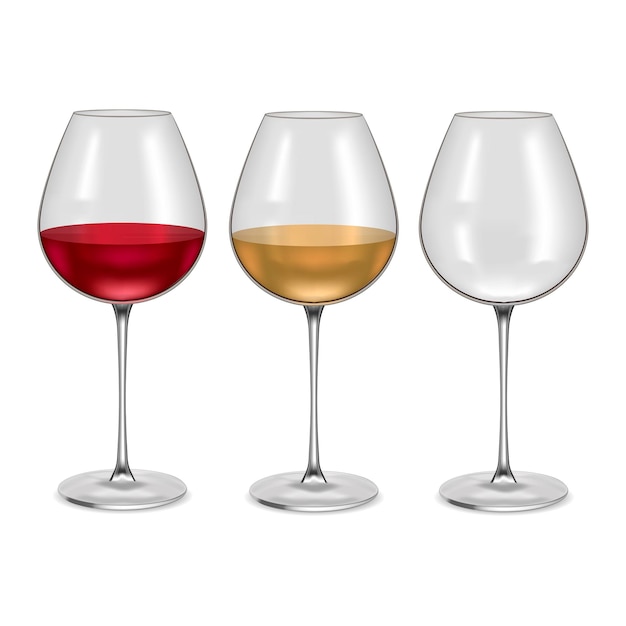 Realistic glass empty and with red or white wine set alcohol drink