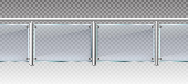 Vector realistic glass fence. glass balustrade with metal railings, balcony or terrace plexiglass fencing 3d