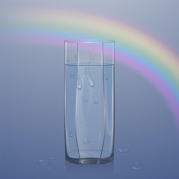 Realistic glass filled with water on light background, clear glass with water droplets,