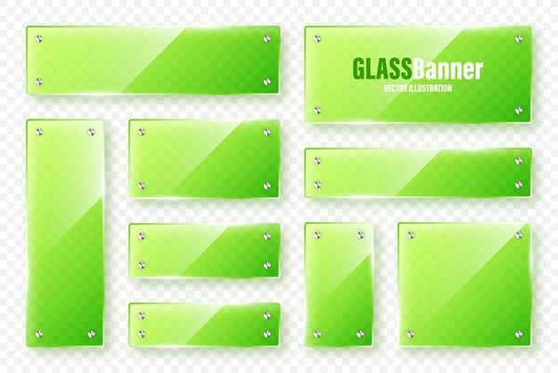 Vector realistic glass frames collection green transparent glass banners with flares and highlights glossy