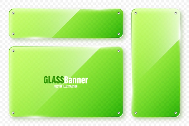 Vector realistic glass frames collection green transparent glass banners with flares and highlights glossy