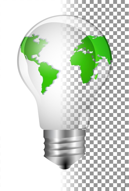 Realistic glass light bulb with a globe inside concept of green energy on the planet earth earth day